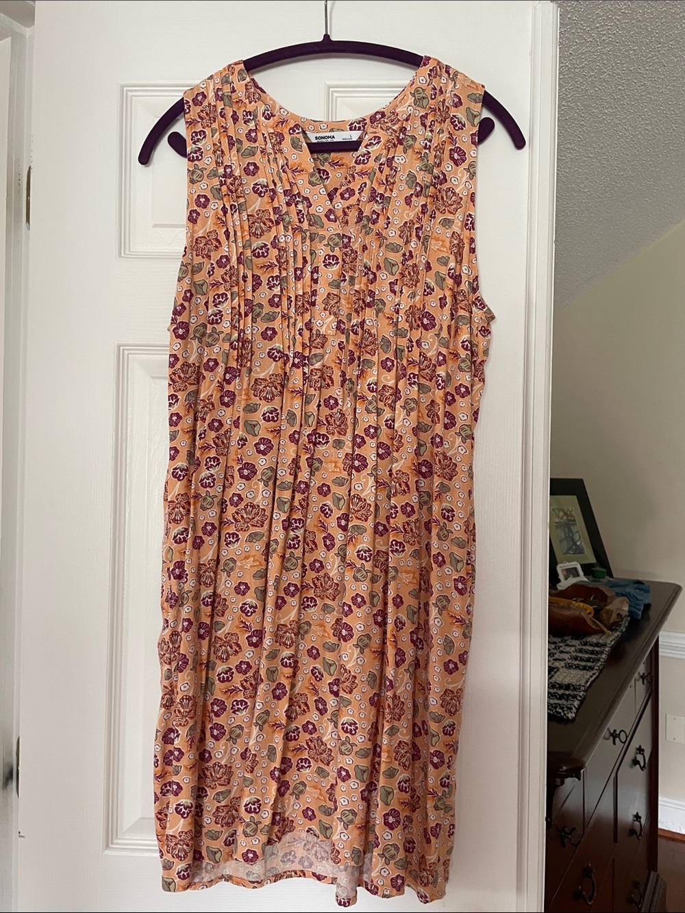 Sonoma Orange Floral V-Neck Dress with Plum and Sage Accents